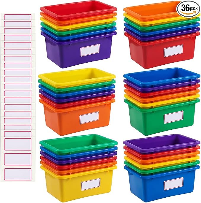Outus 36 Pack Book Bins for Classroom Library Bulk Plastic Cubby Storage Bins Small Toy Organizer Containers with Self Adhesive Label for Kids Students Teachers School Office Home (Rainbow Color) by Outus