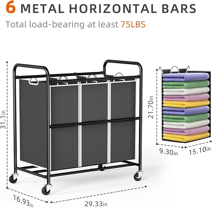 ROMOON Laundry Sorter Hamper 3 Section, Divided Laundry Basket Organizer | Rolling Clothes Hamper with Heavy Duty Lockable Wheels and Removable Bags for Apartment, Dorm & Family, 135L, Modern Black - Image 4