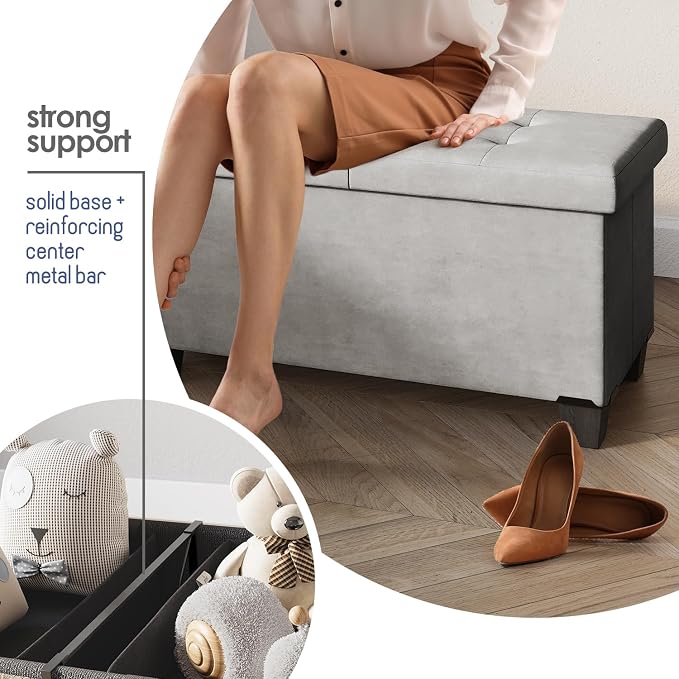 Storage Ottoman Bench with Bins, 43-in Storage Bench for Bedroom End of Bed, Folding Foot Rest Ottoman for Living Room Max 660lbs, Velvet Ottomans, Light Grey - Image 5