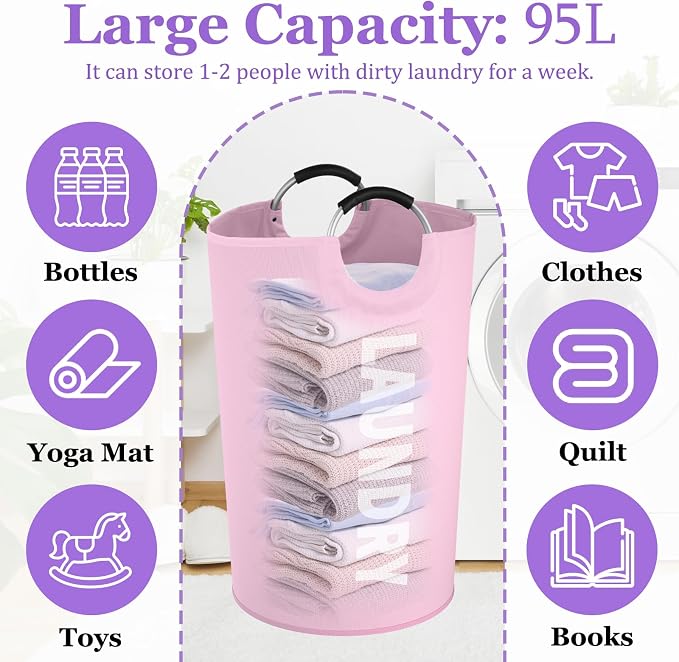 125L Pink Laundry Basket, Extra Large Clothes Basket with Handles, Waterproof Dirty Clothes Hamper, Collapsible Laundry Bin Stand Upright, Sturdy Storage Basket for Bathroom, Flat, Pink - Image 2