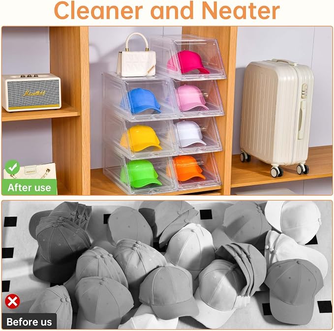 Stackable Clear Hat Organizer for Baseball Caps with Sliding Drawer | 4 Pack, Each Holds 12 Caps, Hat Storage Box for Closet, Transparent Hat Holder Display Case, Space-saving, Plastic - Image 5