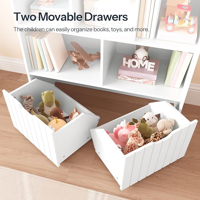 HOOBRO Toy Storage Organizer, Toy Organizers and Storage with 2 Movable Drawers and 5 Cubbies, Toy Chest Shelf for Books or Dolls, Kids Bookshelf and Toy Storage for Playroom, White WT88CW01 - Image 6