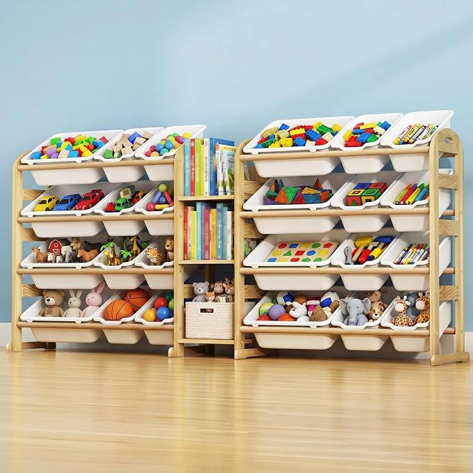Large Wooden Toy Storage Organizer, 62" W White 3-Shelf Bookcase/Bookshelf with 24 Toy Bins, Large Toy Organizers and Storage, Toy Box for Playrooms, Bedrooms Organization - Image 3