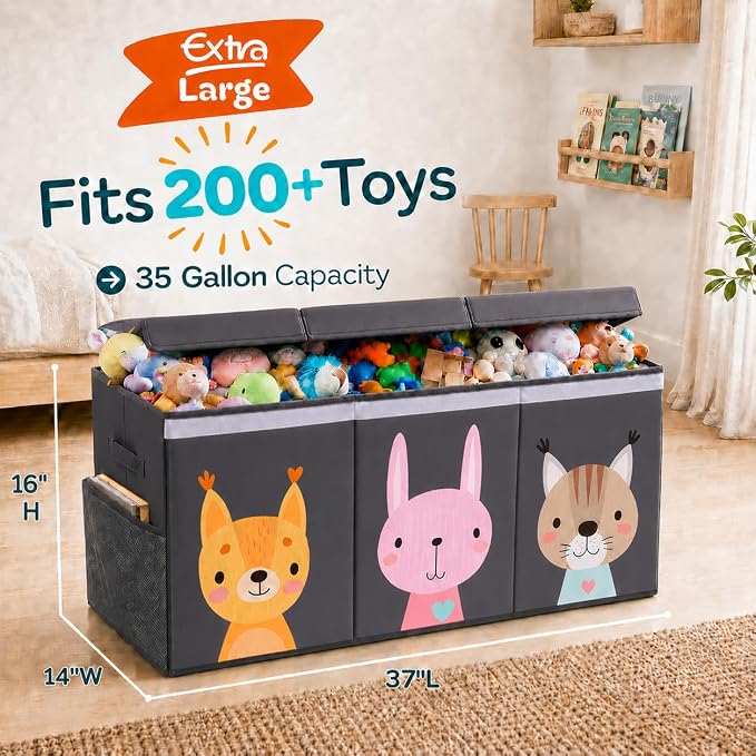 SoftOwl Extra Large Toy Storage Organizer with Lid - Sturdy, Collapsible Toy Chest Storage Box with Cute Design - Toys Bin with Dividers for Kids, Boys, Girls, Nursery, Bedroom, Play room 37"x16"x14" - Image 2