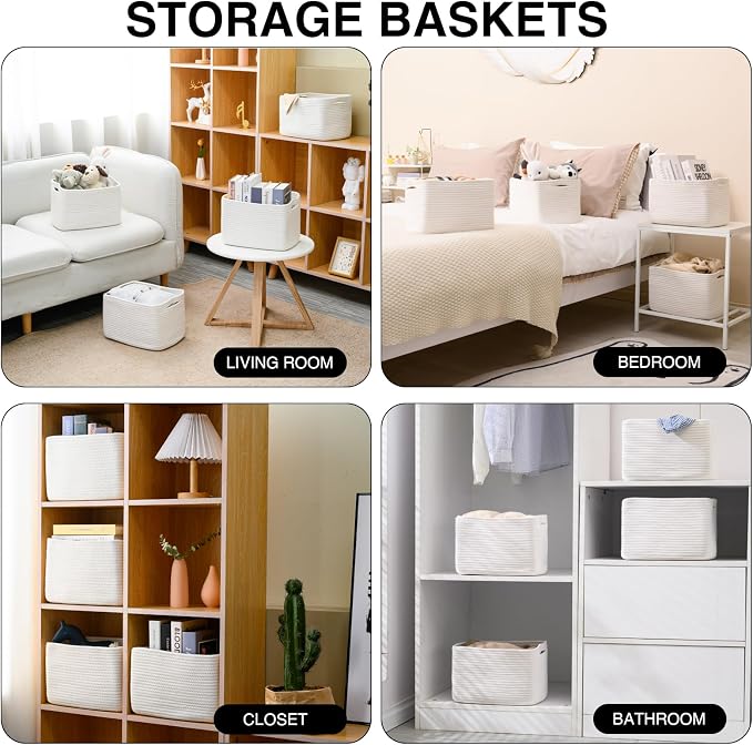 ICERZCZ Storage Baskets for Organizing 12.5"x9.1"x7.9" (4 Packs) Off White | Storage Bin for Shelves, Woven Cotton Rope Basket with Handles for Bedroom Living Room Nursery Bathroom - Image 4