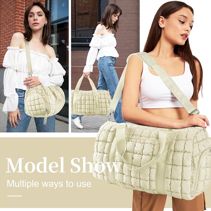 Quilted Travel Duffle Bag Gym Bag for Women,Large Puffer Duffle Weekender Bag with Compartment,Workout Overnight Carry on Organizer Bag Duffle Bag for Airplane Travel(L-Off-white) - Image 6