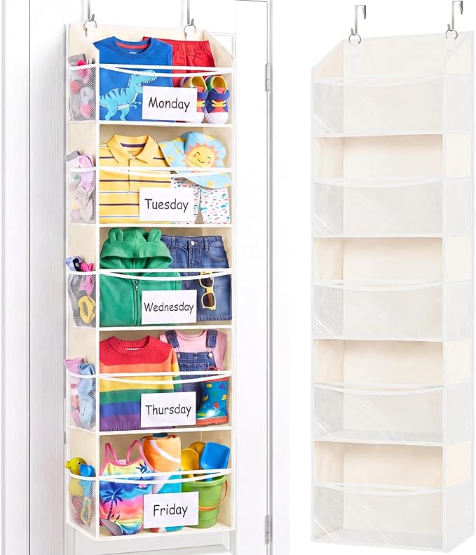 5Tiers Over Door Organizer, Weekly Clothes Organizer for Kids | 5 clear PVC front pockets, 10 mesh side pockets, weekly outfit planner, for kids, dorm, entryway, RV, 50 lbs capacity by Ofiray-home