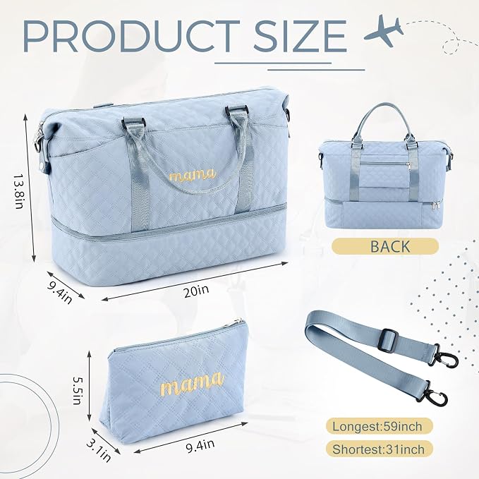 Dansydaisy Mama Hospital Bag for Women Labor Delivery,Light Blue | Travel Duffle Bag with Shoe Compartment and Toiletry Pouch Waterproof Weekender Bag for Women Pregnancy Overnight Gym Gift - Image 3