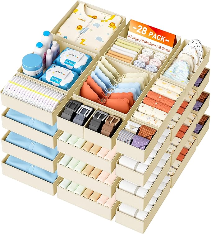 DIMJ Drawer Organizer Clothes Storage - 28 Pack Baby Dresser Organizer for Nursery, Foldable Closet Drawer Organizer Bins for Bedroom Organization, Fabric Storage Dividers for Socks, Underwears, Bras by DiMJ