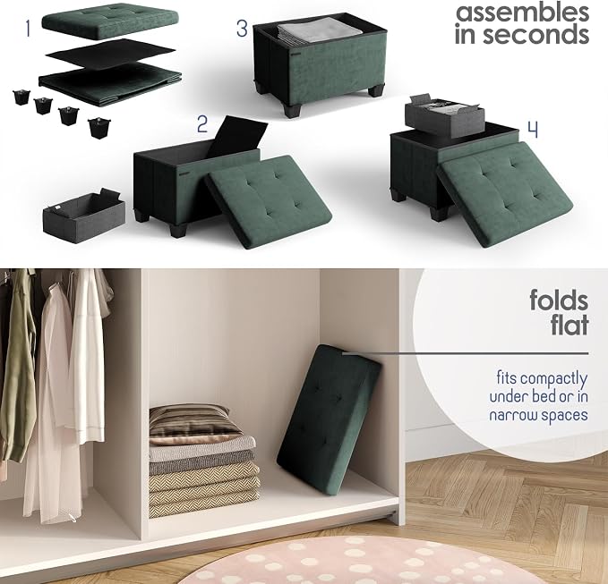 Storage Ottoman Cube with Small Bin, 16-in Square Ottoman with Storage for Living Room and Bedroom, Small Ottomans Foot Rest, Velvet Foot Stools Ottomans Max 330lbs, Green - Image 8
