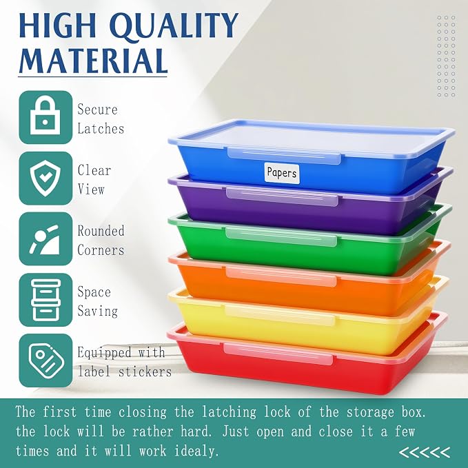 12 Pcs Classroom Paper Storage Bins with Clear Latching Lids Labels, Letter Size Stackable Flat Trays Container Paper Organizer for Teacher Back to School Office Arts Crafts (Rainbow,13x10in) - Image 3