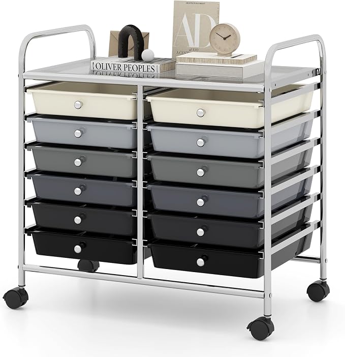 RELAX4LIFE 12-Drawer Rolling Storage Cart - Mobile Utility Cart on Wheels for School Classroom Teacher Office Salon, Paper File Art Supply Craft Organizer, Rolling Cart with Drawers (Gradient Black) by RELAX4LIFE