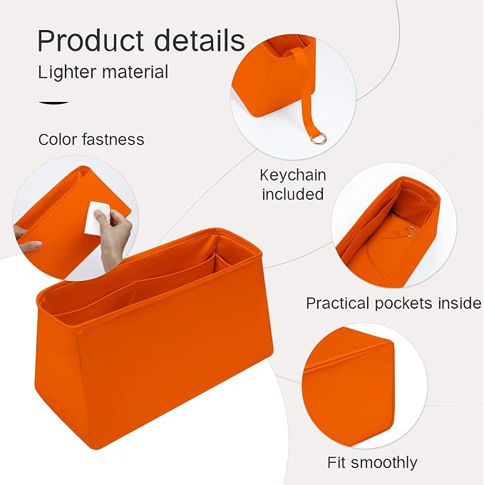 Fits for Brikin Bag Insert Organizer For Hermes(30 S,Orange) | Premium Silk Material,Smooth Touch,Lightweight,zipper,protect from scratches & stains,multiple pockets,keychain,waterproof - Image 6