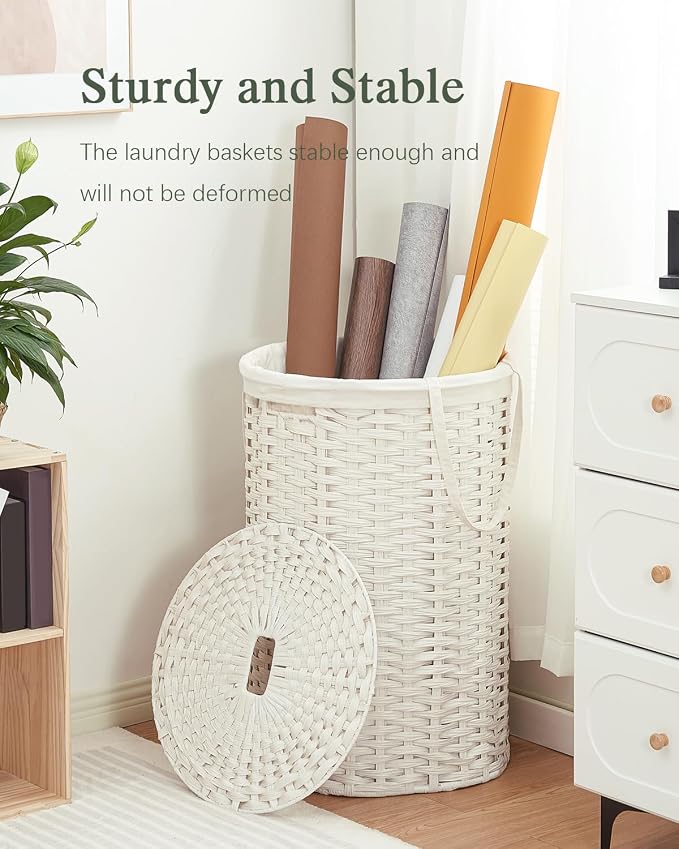 SETVSON Large Laundry Hamper Laundry Basket Round 34.3 Gal PE, White | Decorative PE Rattan Furniture Look for Bedroom, Jumbo Open-Top Laundry Hamper, Removable Bag, 2 Mesh Bags, Handles - Image 6