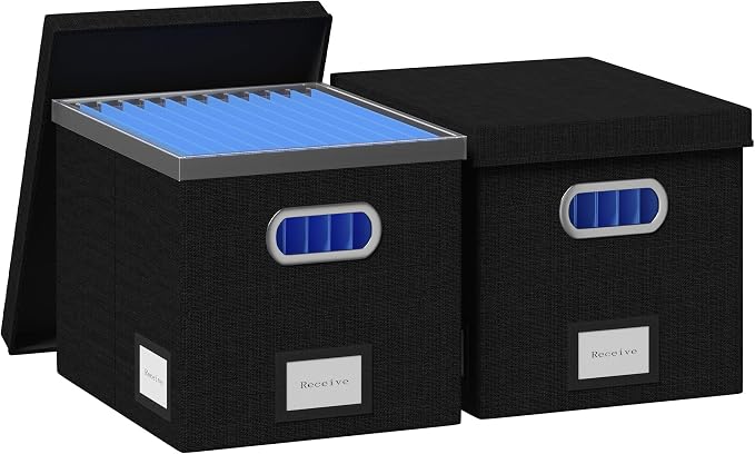 File Organizer Box - File Boxes for Hanging Files with Lid Set of 3 Decorative Hanging Folders Organizer with One-Piece Plastic Frame Slides (Black, 13.2 * 10.1 * 10.1in(2Pack)) by FileOrganizerBoxeswithLid