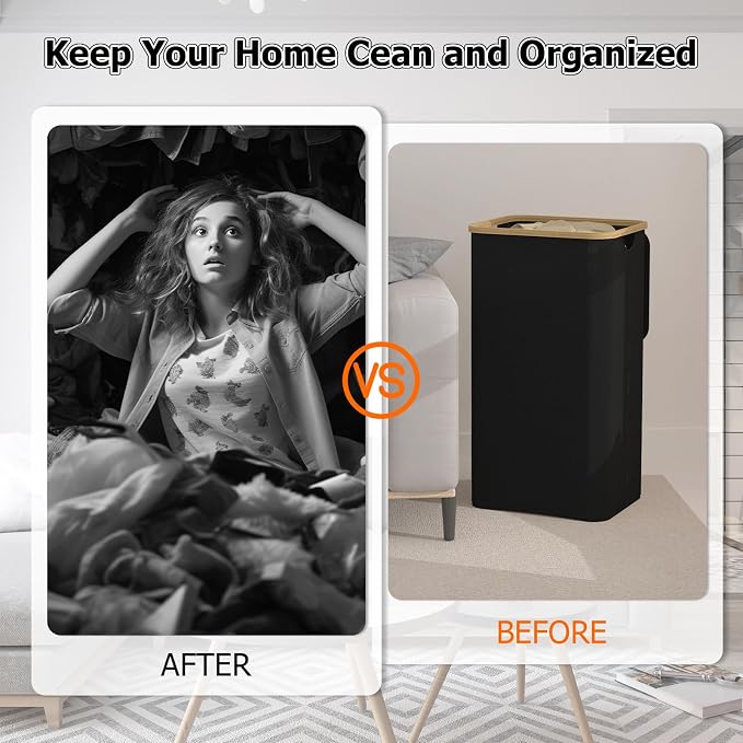 Laundry Basket with lid, Collapsible Laundry Hamper with Bamboo Handle, Dirty Clothes Hampers with Removable Laundry Bag for Clothes Toys Towels (Black, 100L 2 Pack) - Image 2