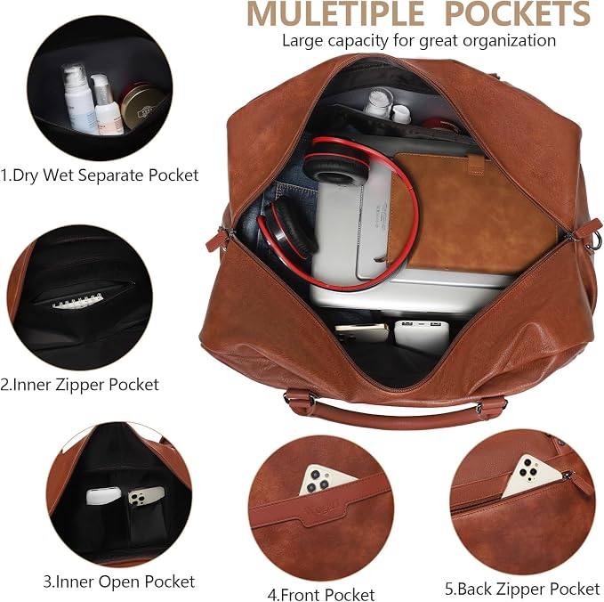 4-in-1 Waterproof Faux Leather Overnight Travel Bag for Women Men | Hospital Gym Weekender Bag Carry On Personal Item Travel Duffel Bags with Shoe Compartment Toiletry Bag Fit 21" Laptop - Image 4