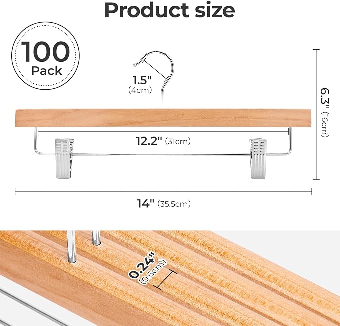 HOUSE DAY Wooden Pants Hangers with Clips, 100 Pack Skirt Hangers, Natural | 14-Inch Wood Hangers with Adjustable Non-Slip Metal Clips & 360° Swivel Hooks, Heavy Duty for Jeans, Slacks, Trousers, Shorts - Image 7
