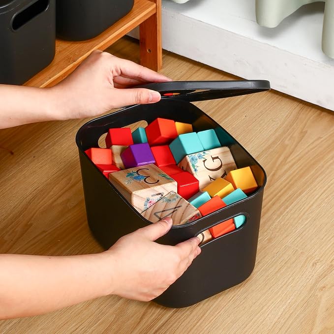 8 Pack Storage Bins, 9.8 X 7.1 X 6.3 Inch Black | Plastic Stackable Containers with Lid Handle, For Shelves Desktop Playroom Office, Organizing Toys Books Supplies Storage - Image 5