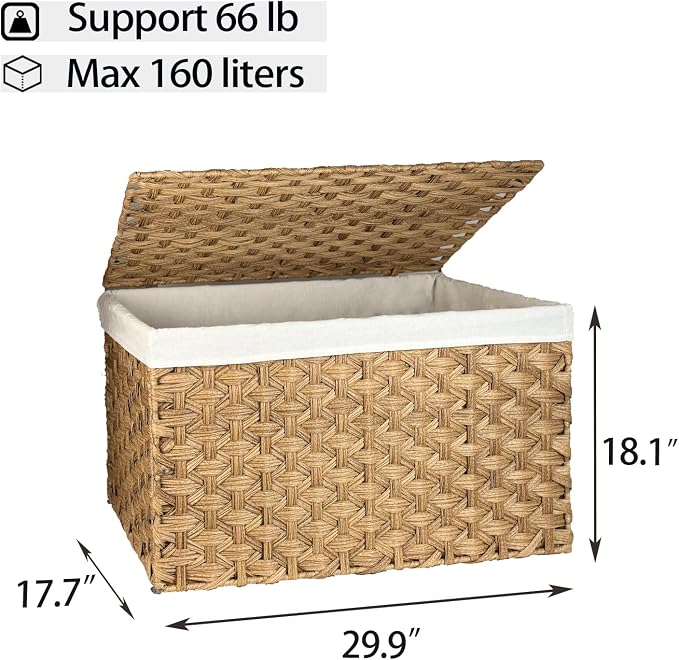 Wicker Storage Basket with Lid, 42.3 Gallon (160L) Large Blanket Basket with Lid, Woven Storage Bin with Handles, Removable Liner, Metal Frame, Foldable, for Bedroom, Laundry Room, Natural - Image 4