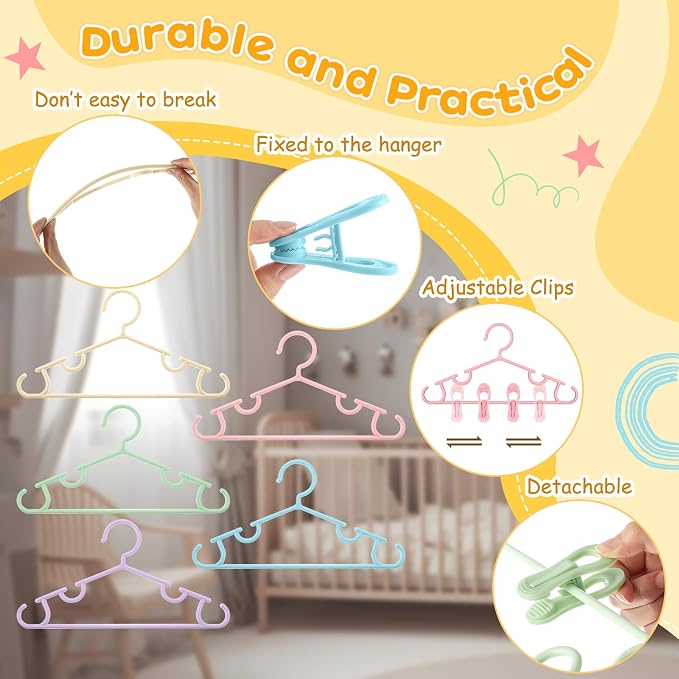 Hsei Baby Hanger with Clip for Pant,30 Packs Total,Macaron Color,10.6 Inch | 10 Kids Plastic Hanger with 20 Clips for Newborn, Nursery, Daycare, Preschool, Closet, Wardrobe Organizer for Baby Shower - Image 3
