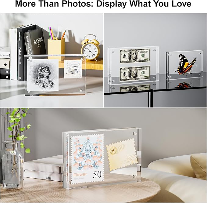 5 Pack 4x6 Acrylic Picture Frames - 20% Thicker Double Sided Magnetic Frame with UV Protection - Freestanding Clear Frameless Display for Tabletops - Modern Photo Frame Set for Home & Office Decor - Image 7