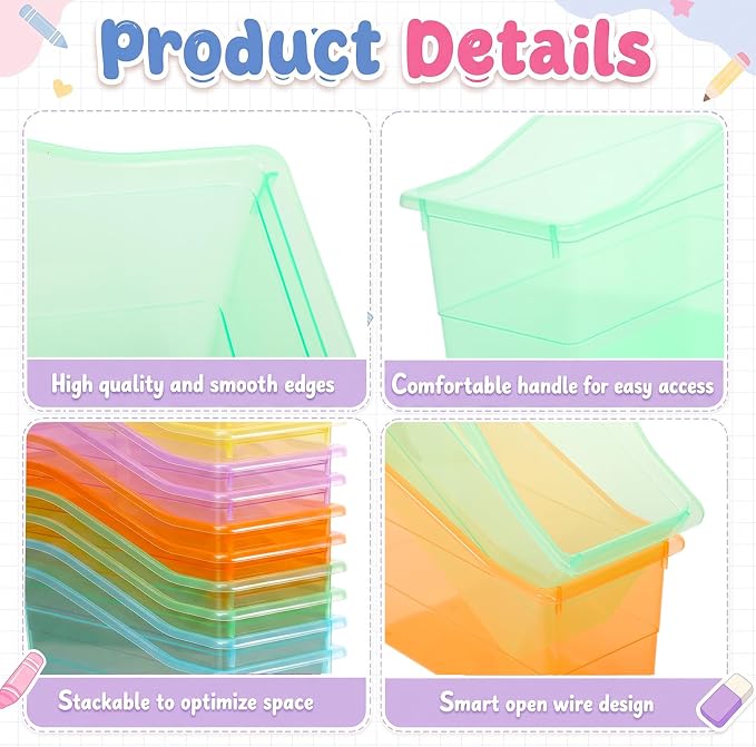 Blosssound 24 Set Book Bins for Classroom Stackable,Translucent Pastel | Plastic Baskets with Labels, Slanted Front, Library Supplies Organizers, Desktop Storage Bins, Teachers Home School Use - Image 3