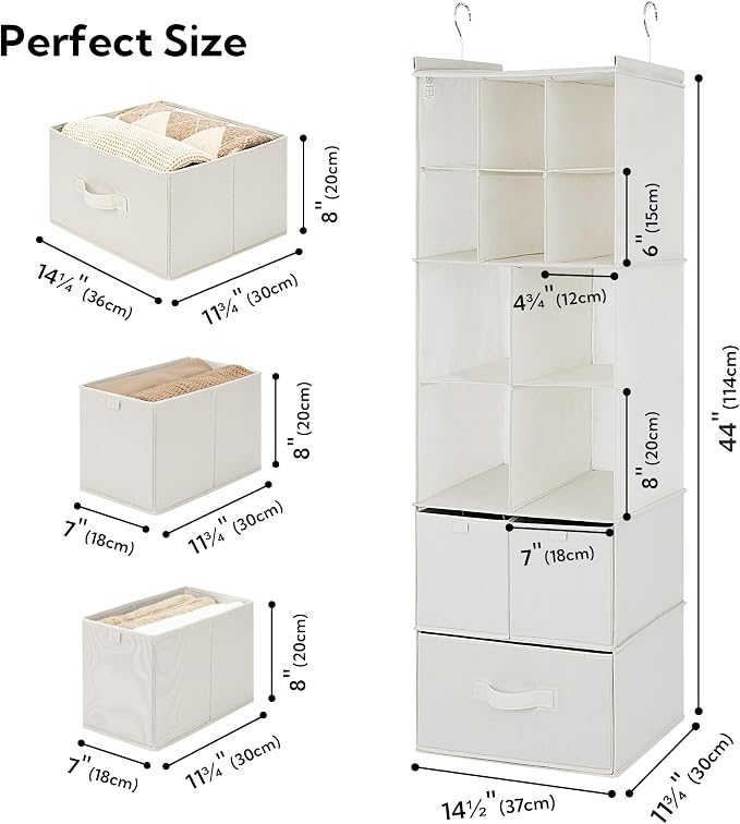 GRANNY SAYS Hanging Closet Organizer, 3 Drawers, 6 Shelves, Beige | Hanging Closet Organizer with 3 Different Drawer Designs, 6 Shelves & Reinforced Structure for Organized Small Spaces - Image 3