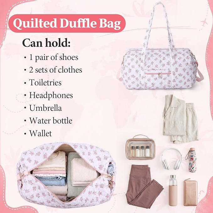 Dansydaisy Quilted Weekender Bag for Women with Makeup Pouch, Pink Floral | Large Duffle Bag, Trolley Compartment & Zipper Pocket, Adjustable Carry Strap, for Mommy Dancers Travel Gym Hospital - Image 7