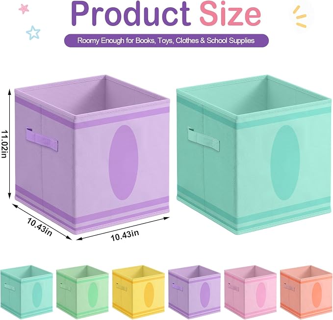 Glooglitter 6 Pack 11 Inch Crayon Fabric Storage Cube with Handles Pastel Collapsible Bin Classroom Must Have Foldable Colorful Closet Bin Basket for Nursery Classroom School Playroom Shelves - Image 2