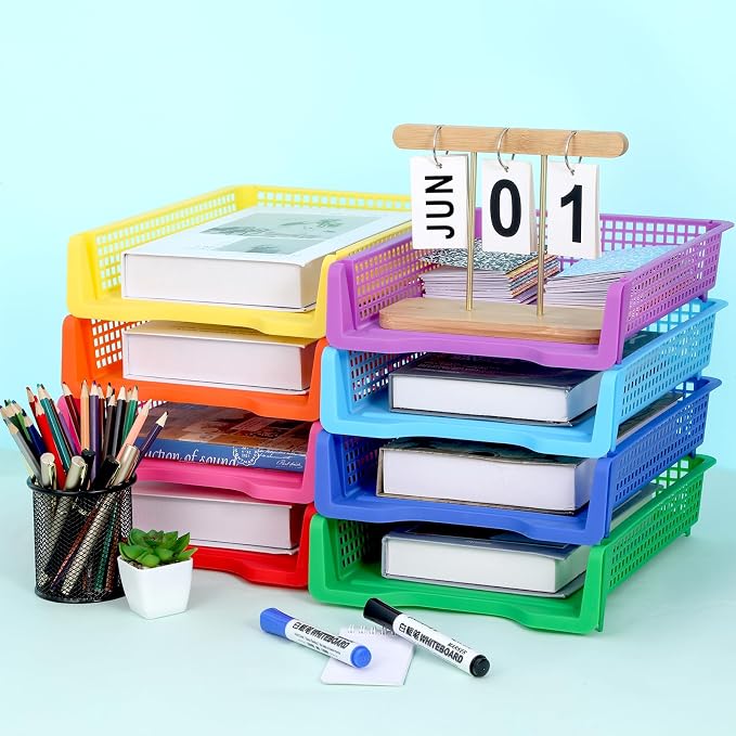 16 Pack Colorful Plastic Turn in Paper Trays for Classroom Storage Bin Basket Organizers for School Teacher Supplies Classroom Office Home Organization Storage Tray Holds 4A Paper File Document - Image 4