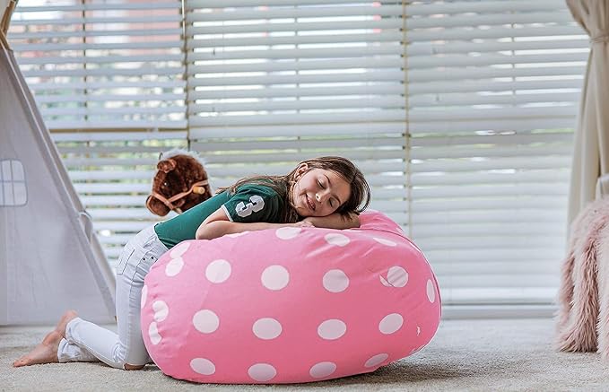 WEKAPO Stuffed Animal Storage Bean Bag Chair Cover for Kids | Stuffable Zipper Beanbag for Organizing Children Plush Toys Large Premium Cotton Canvas (Pink Dot, XX-Large) - Image 4