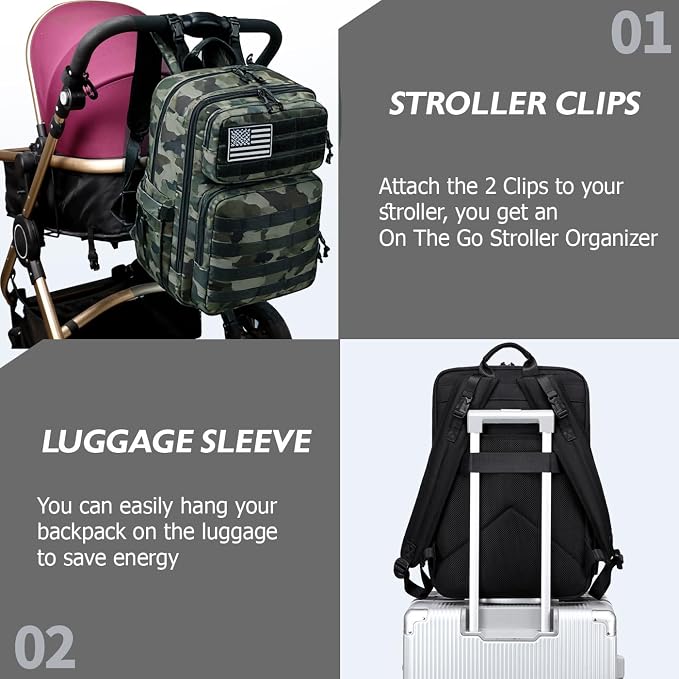 Large Dad Diaper Bag Backpack, Tactical Style, Camouflage | Stroller Clips, Luggage Sleeve for Travel, Insulated Pockets - Image 7