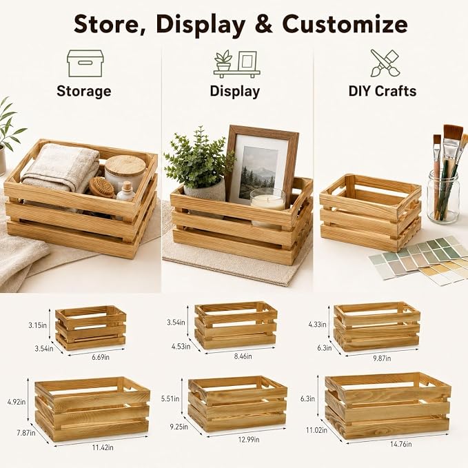 Wooden Crates for Display 6 Pack, Rustic Nesting Wood Crates | 6 sizes of pine wood crates with handles for farmhouse decor, storage, weddings, markets, and DIY crafts - Image 6