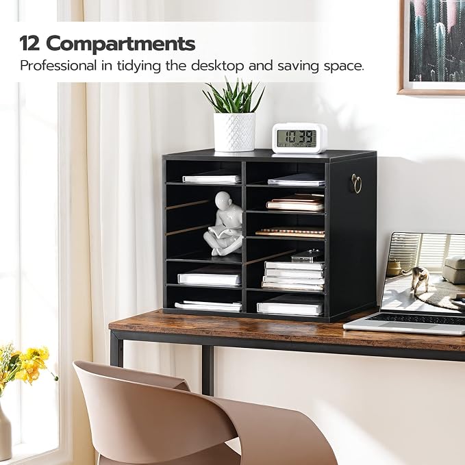 HOOBRO Literature Organizers, 12 Compartments Office Mailbox with Adjustable Shelves, Wood Countertop Literature Sorter for Office, Home, Classroom, Mailrooms Organization Black BK12WF01 - Image 3