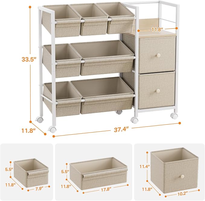 Modanais Kids Toy Organizers and Storage Bins, Off White | 7 Storage Bins + 2 Fabric Drawers + 1 Bookshelf, Playroom Storage, Organizer for Toy, Clothes, Blankets and Books - Image 3
