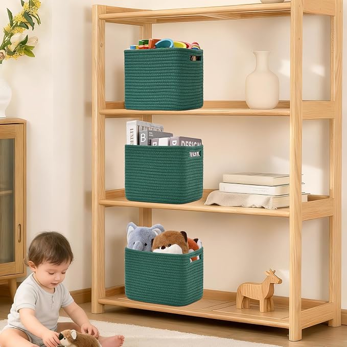 3 Pack Cube Storage Bin, 9”x9”x7” Cotton Rope Woven Baskets for Organizing Toys Clothes Towels, Square Gift Storage Baskets for Shelves, Nursery, Closet, Bathroom, Pantry (Green) - Image 7