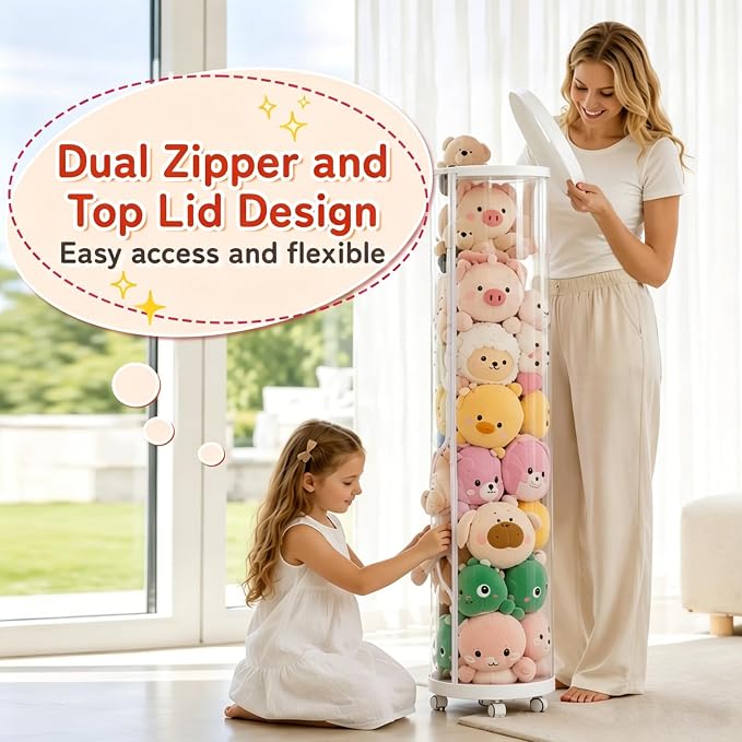 Large Stuffed Animal Storage Tube with Wheels, Tall Toy Organizer with Double Zipper, Clear PET Cylinder Container for Plush Toy Organization, Space Saving Kids Room Storage(White) - Image 4