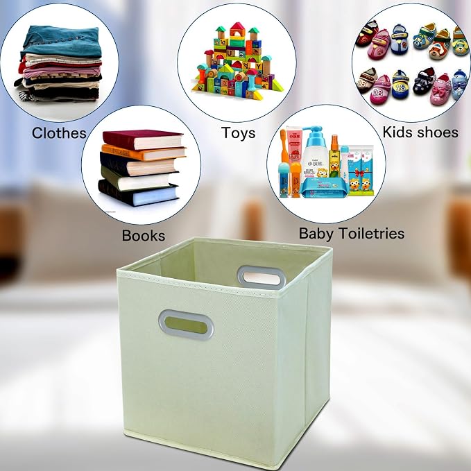 STOREONE Fabric Storage Bins Cubes Baskets Containers-(11X11X11) with Dual Handles Cube Storage Organizer Bins for Shelf Closet, Bedroom Organizers, Foldable Set of 3 (Creamy- White ) - Image 3