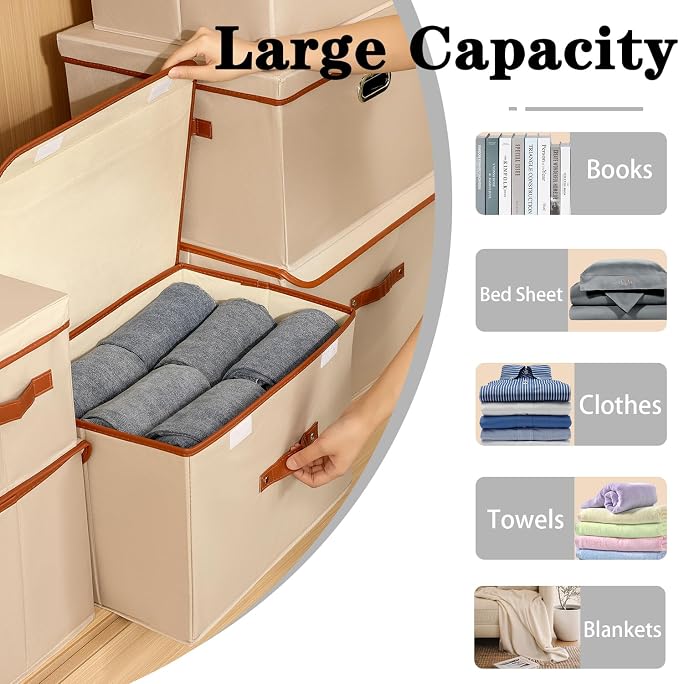 Tuza 4 Pack Large Fabric Storage Bins with Lids, Foldable Storage Boxes with Lids for Organizing, Decorative Storage Boxes with Handles for Home, Bedroom, Closet, Office(Khaki, Large) - Image 7