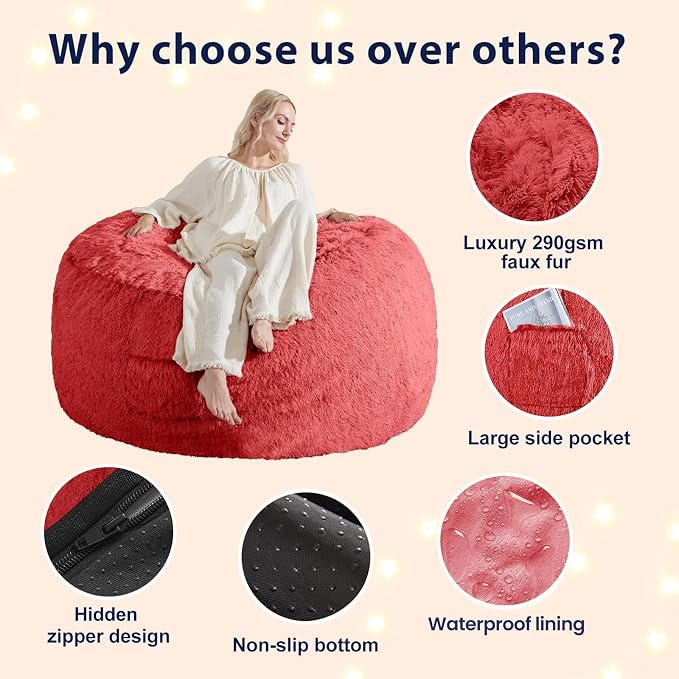 Bean Bag Cover (No Filler) - Faux Fur Beanbag Chairs Covers Only, Stuffed Animal Storage Bean Bag for Adults, Large Washable Beanbag Cover Without Filling, 5FT, Red - Image 5