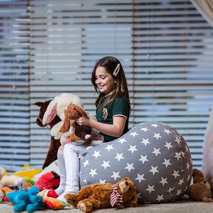 WEKAPO Stuffed Animal Storage Bean Bag Chair Cover for Kids | Stuffable Zipper Beanbag for Organizing Children Plush Toys Large Premium Cotton Canvas (Grey Star, XX-Large) - Image 6