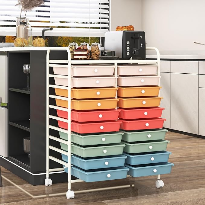 RELAX4LIFE 20 Drawer Rolling Storage Cart, Mobile Rolling Cart w/Drawers for School Classroom Teacher Office Home Salon, Paper File Art Supply Craft Organizer, Utility Cart on Wheels (Macaron) - Image 8