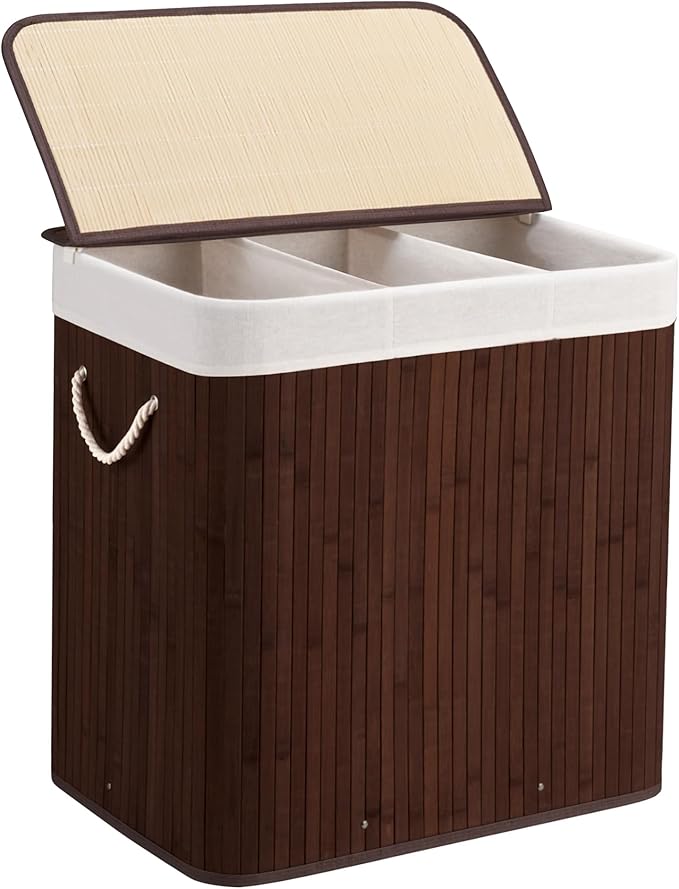 Aliphon 150L Laundry Hamper with lid, 3-Section Clothes Laundry Basket with Handles, Large Collapsible Bamboo Baskets for Bedroom, Bathroom, Dorm, Brown by Aliphonbyningge_ysHOME