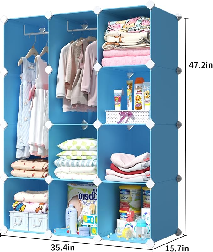 VIPZONE Baby Dresser, Kids Closet Organizers, Portable Kids Wardrobe for Closet, Bedroom, Nursery, Cubby, Cabinet, Clothes, Dress, Baby Storage Shelf, Armoire Clothes Hanging (Blue) - Image 6