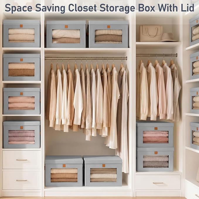 DIMJ Storage Bins with Lids - 6 Pack Front Opening Stackable Fabric Storage Boxes with Clear Window & Handles, Collapsible Closet Organizers for Clothes, Sweaters, Shelf Storage, Bedroom, Gray - Image 7
