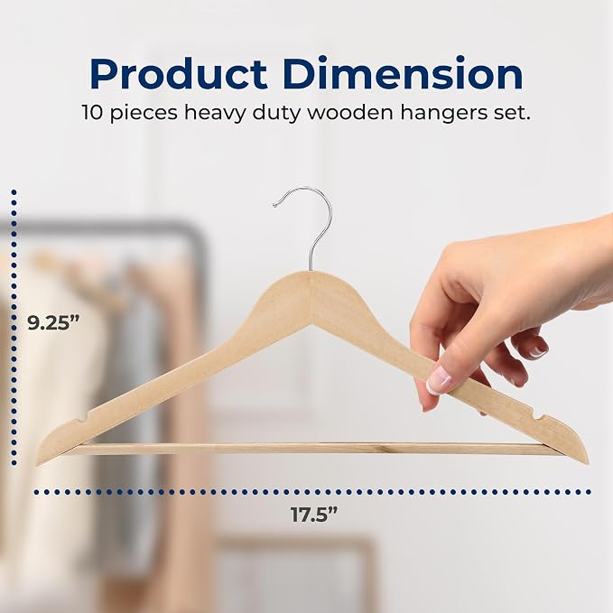 SereneLife Solid Wooden Hangers, Mega Pack, 60 Pieces Hangers for Clothes, Heavy Duty Suit Hanger Set with Chrome 360 Degree Swivel Hook, Notched Design, Natural Wood Color - Image 2