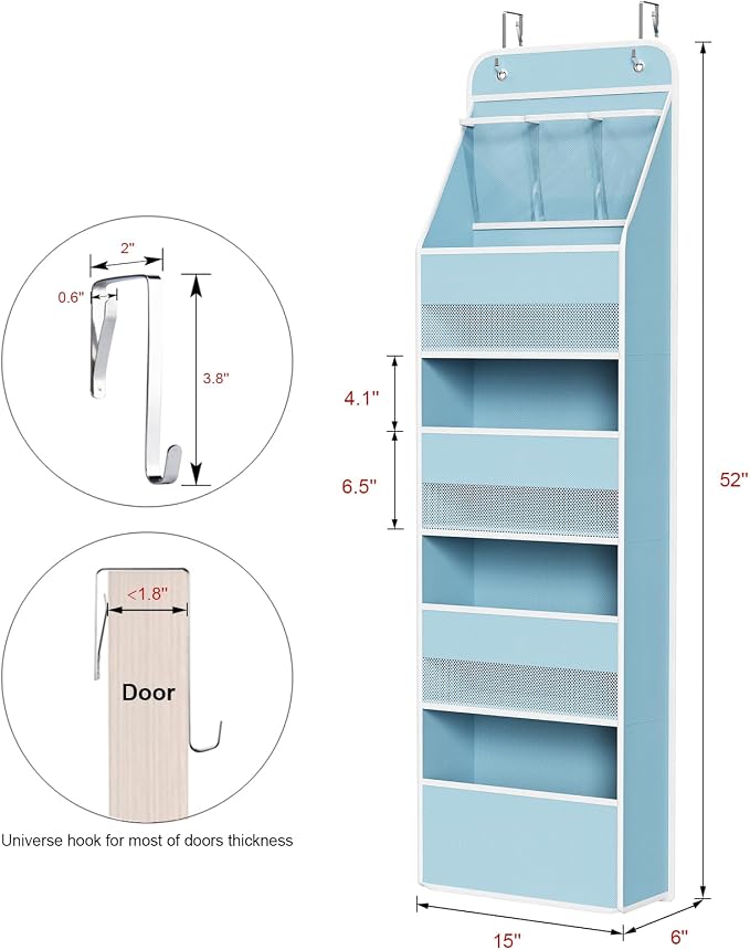 Univivi Fabric Over Door Hanging Organizer for Baby Nursery, Blue, 5-Shelf | Door Storage with Large Capacity Breathable Mesh Pockets, Over the Door Baby Organizer for Baby Essential, Bedroom, and Dorm - Image 3