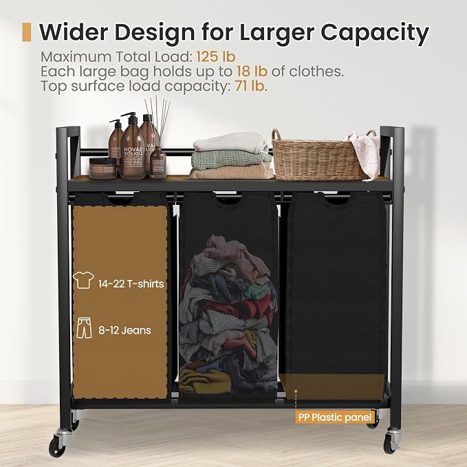 SwaaVee Laundry Sorter, Laundry Hamper 3 Section, 3×11.4Gal, Metal Frame Rolling Laundry Basket with Wooden Top Shelf, Pull out and Removable Laundry Bags, 3 Bags-Black - Image 4