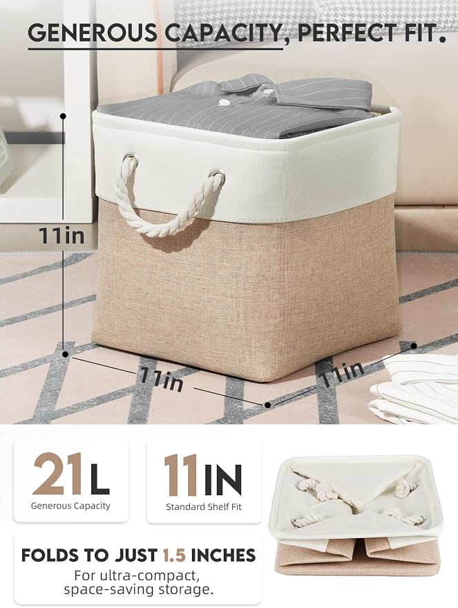 Temary 6-Pack Cube Storage Bins, 11 Inch Foldable Fabric Storage Cubes with Cotton Rope Handles, Sturdy Linen Organizer Baskets with Metal Frame for Shelves, Closet, Nursery (White&Khaki) - Image 2